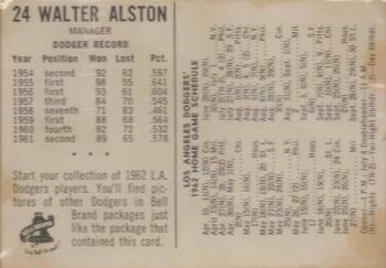 1962 Bell Brand Los Angeles Dodgers #24 Walter Alston Back