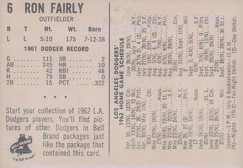 1962 Bell Brand Los Angeles Dodgers #6 Ron Fairly Back