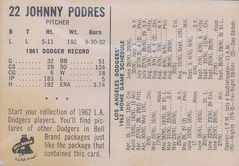 1962 Bell Brand Los Angeles Dodgers #22 John Podres Back