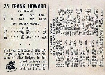 1962 Bell Brand Los Angeles Dodgers #25 Frank Howard Back