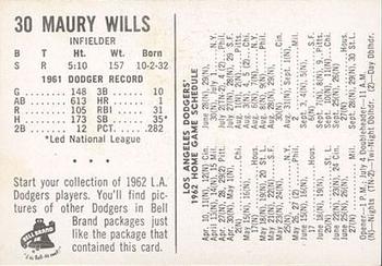 1962 Bell Brand Los Angeles Dodgers #30 Maury Wills Back