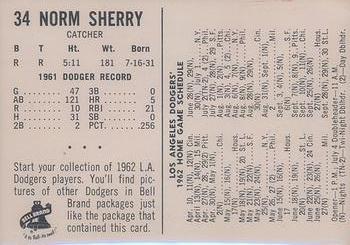 1962 Bell Brand Los Angeles Dodgers #34 Norm Sherry Back