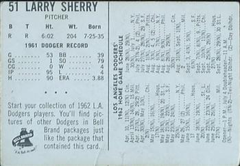 1962 Bell Brand Los Angeles Dodgers #51 Larry Sherry Back