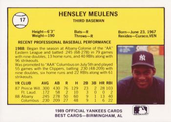 1989 Best Albany-Colonie Yankees #17 Hensley Meulens  Back