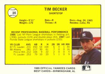 1989 Best Albany-Colonie Yankees #20 Tim Becker  Back