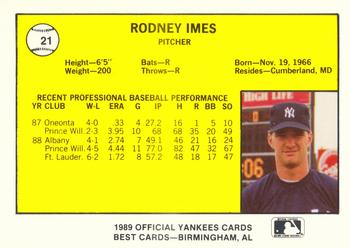 1989 Best Albany-Colonie Yankees #21 Rodney Imes  Back