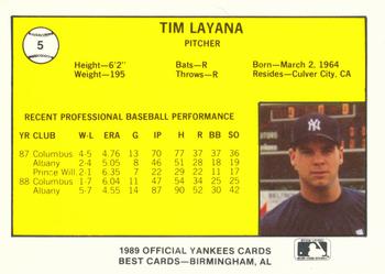 1989 Best Albany-Colonie Yankees #5 Tim Layana  Back