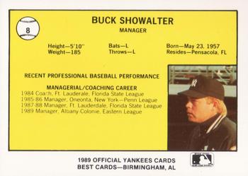 1989 Best Albany-Colonie Yankees #8 Buck Showalter Back