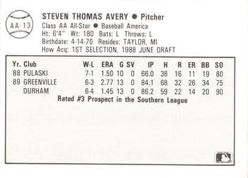 1989 Best Baseball America AA Prospects #AA13 Steve Avery  Back
