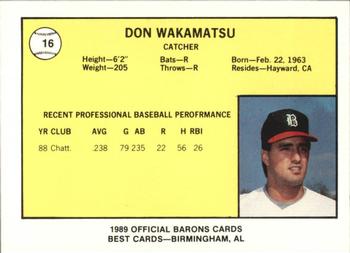 1989 Best Birmingham Barons #16 Don Wakamatsu  Back