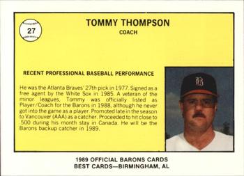 1989 Best Birmingham Barons #27 Tommy Thompson Back