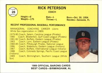 1989 Best Birmingham Barons #28 Rick Peterson Back