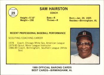 1989 Best Birmingham Barons #29 Sam Hairston Back