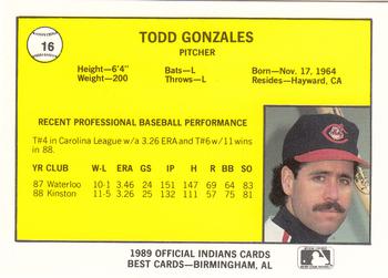 1989 Best Canton-Akron Indians #16 Todd Gonzales  Back