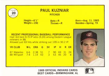 1989 Best Canton-Akron Indians #20 Paul Kuzniar  Back