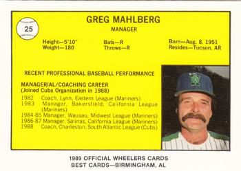 1989 Best Charleston Wheelers #25 Greg Mahlberg Back