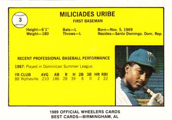 1989 Best Charleston Wheelers #3 Miliciades Uribe  Back