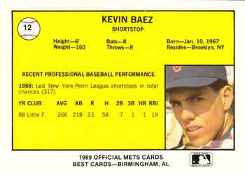 1989 Best Columbia Mets #12 Kevin Baez  Back