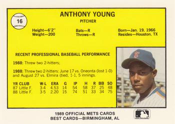 1989 Best Columbia Mets #16 Anthony Young  Back