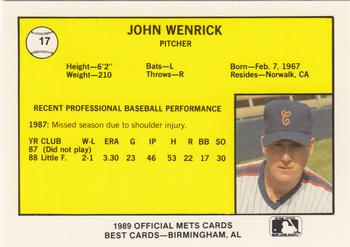 1989 Best Columbia Mets #17 John Wenrick  Back
