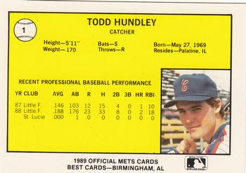 1989 Best Columbia Mets #1 Todd Hundley  Back