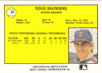 1989 Best Columbia Mets #20 Doug Saunders  Back
