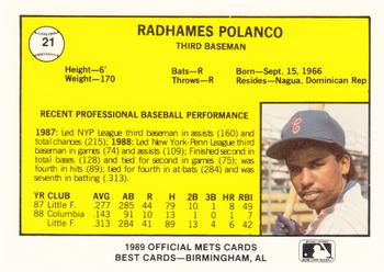 1989 Best Columbia Mets #21 Radhames Polanco  Back