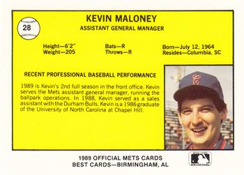 1989 Best Columbia Mets #28 Kevin Maloney Back