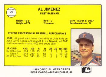 1989 Best Columbia Mets #29 Al Jimenez  Back