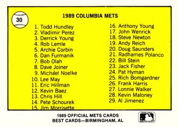 1989 Best Columbia Mets #30 Team logo / Checklist  Back