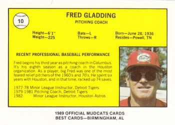 1989 Best Columbus Mudcats #10 Fred Gladding Back