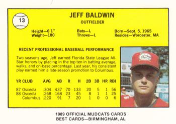 1989 Best Columbus Mudcats #13 Jeff Baldwin  Back