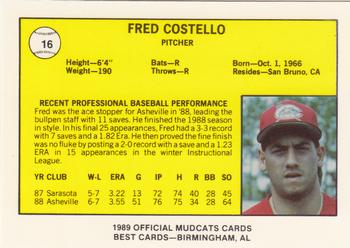 1989 Best Columbus Mudcats #16 Fred Costello  Back