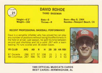 1989 Best Columbus Mudcats #21 Dave Rohde  Back