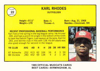 1989 Best Columbus Mudcats #22 Karl Rhodes  Back
