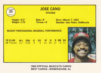 1989 Best Columbus Mudcats #25 Jose Cano  Back