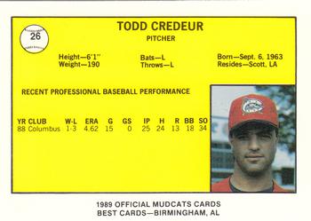 1989 Best Columbus Mudcats #26 Todd Credeur  Back