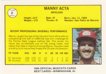 1989 Best Columbus Mudcats #2 Manny Acta  Back