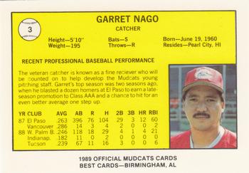 1989 Best Columbus Mudcats #3 Garrett Nago Back