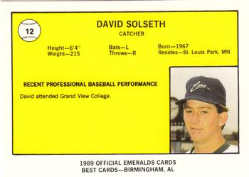 1989 Best Eugene Emeralds #12 David Solseth  Back