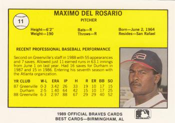 1989 Best Greenville Braves #11 Maximo Del Rosario  Back