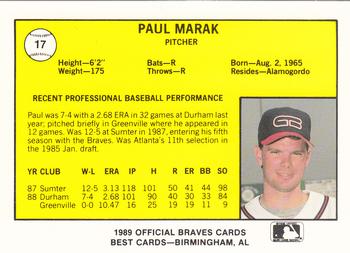 1989 Best Greenville Braves #17 Paul Marak  Back