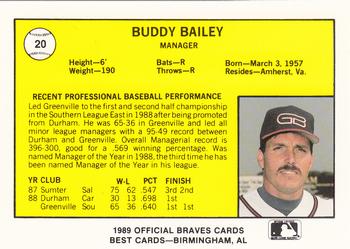 1989 Best Greenville Braves #20 Buddy Bailey Back