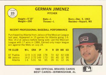 1989 Best Greenville Braves #23 German Jimenez  Back