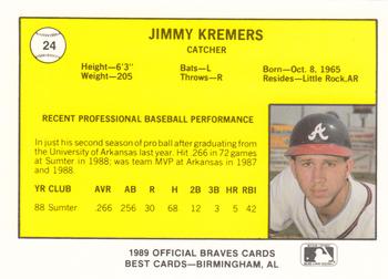1989 Best Greenville Braves #24 Jimmy Kremers  Back