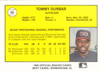 1989 Best Greenville Braves #26 Tommy Dunbar  Back