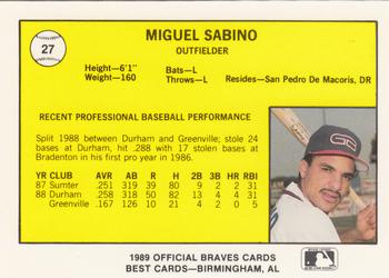 1989 Best Greenville Braves #27 Miguel Sabino  Back