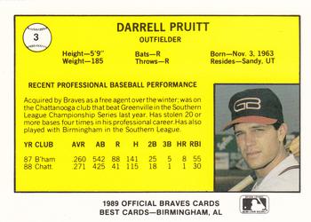 1989 Best Greenville Braves #3 Darrell Pruitt  Back
