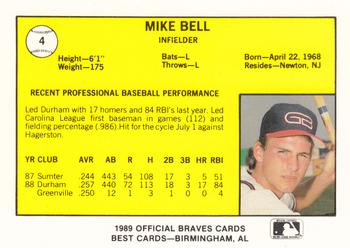 1989 Best Greenville Braves #4 Mike Bell  Back