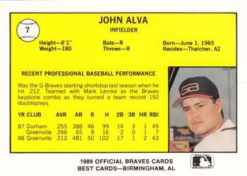 1989 Best Greenville Braves #7 John Alva  Back